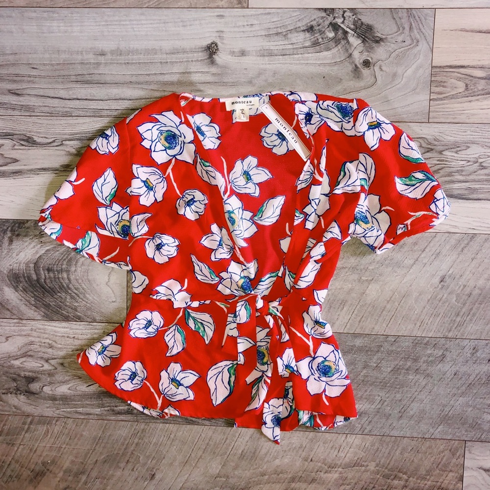 Red wrap blouse